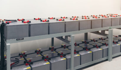Battery pack in battery room in power plant for supply electricity in plant during shutdown phase, Rows of batteries in industrial backup power system.
