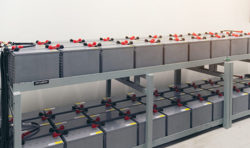 Battery pack in battery room in power plant for supply electricity in plant during shutdown phase, Rows of batteries in industrial backup power system.